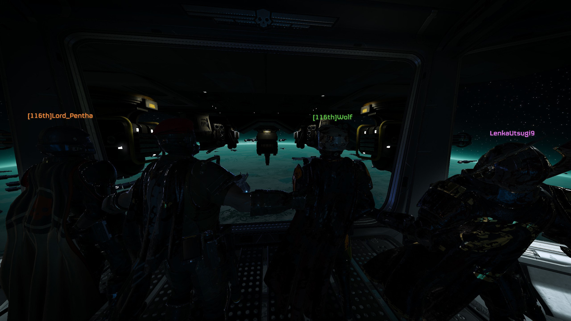 Disciplined Avengers standing in formation on the Super Destroyer bridge, looking out into space