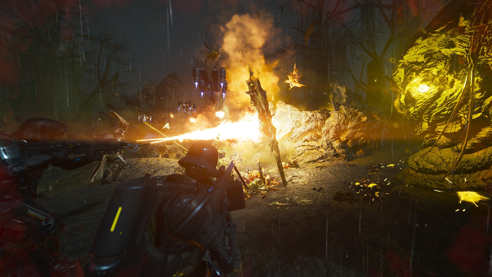 Avengers taking down a Bile Titan together, showcasing coordinated teamwork and mutual support